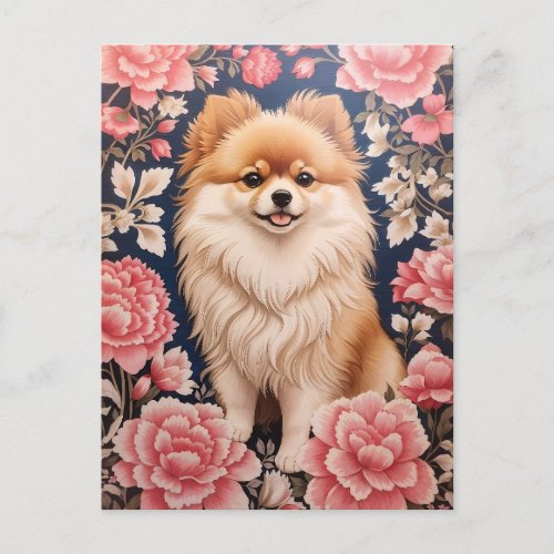 Cute Pomeranian Dog Pink Floral Postcard