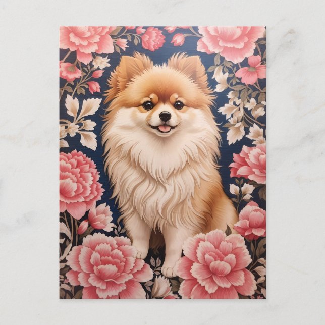 Cute Pomeranian Dog Pink Floral Postcard (Front)