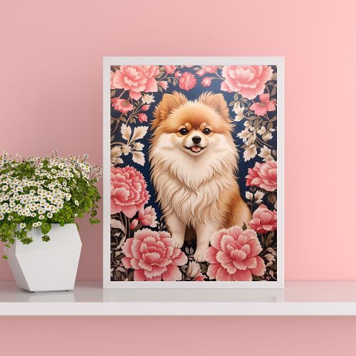 Cute Pomeranian Dog Pink Floral Poster