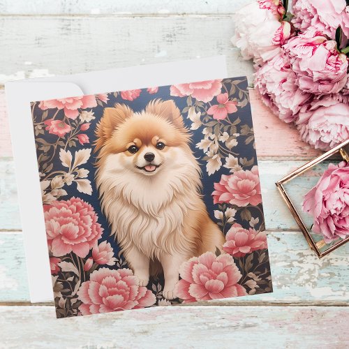 Cute Pomeranian Dog Pink Floral Thank You Card