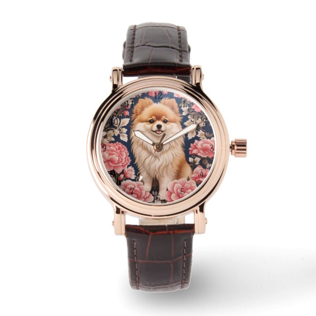 Cute Pomeranian Dog Pink Floral Thank You Card Watch (Front)