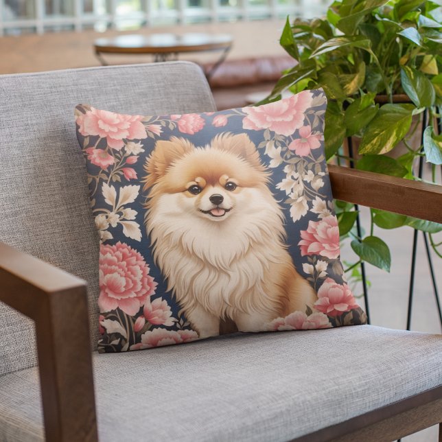 Cute Pomeranian Dog Pink Floral Throw Pillow (Creator Uploaded)
