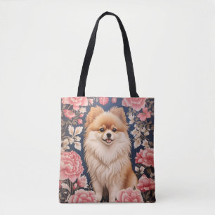Cute Pomeranian Dog Pink Floral Tote Bag