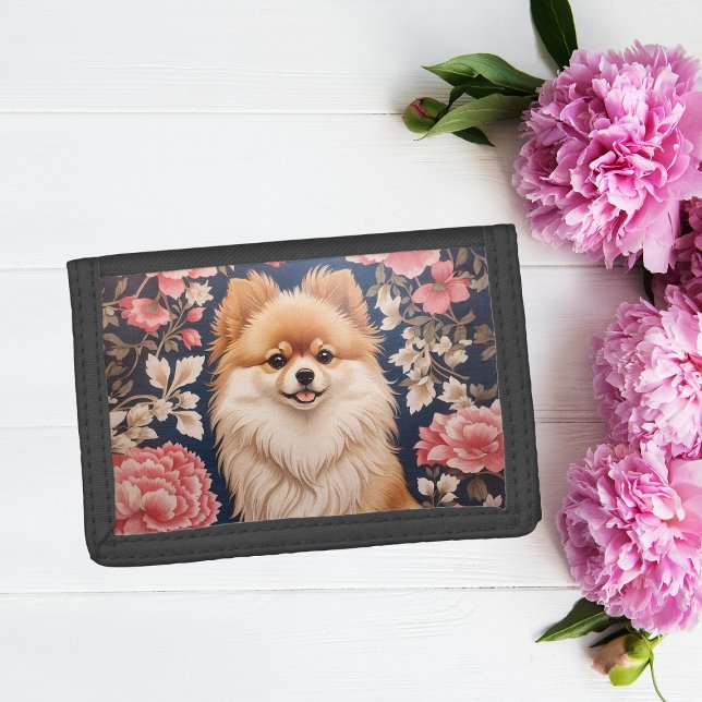 Cute Pomeranian Dog Pink Floral Trifold Wallet (Creator Uploaded)