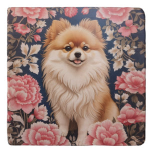 Cute Pomeranian Dog Pink Floral Trivet