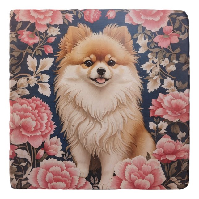 Cute Pomeranian Dog Pink Floral Trivet (Front)