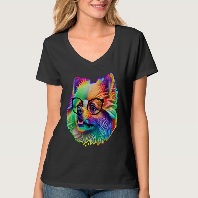 Cute Pomeranian Dog Wearing Nerd Glasses Funny Pop T-Shirt (Front)