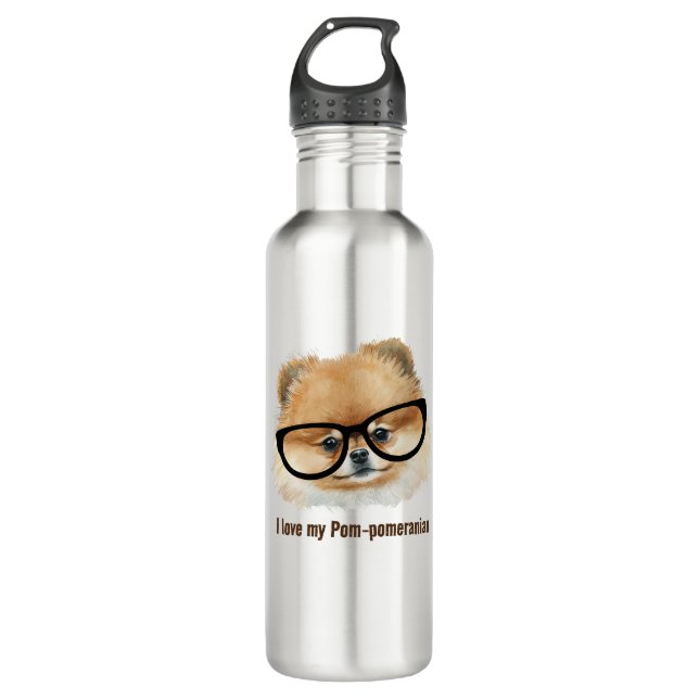 Cute  pomeranian dog with eye glasses stainless steel water bottle (Front)