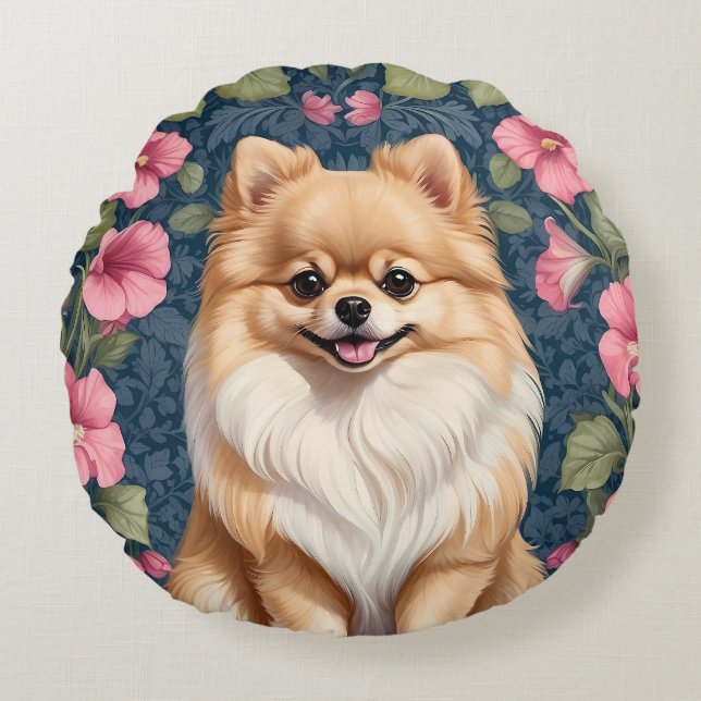 Cute Pomeranian Dog With Pink Petunias  Round Pillow (Front)