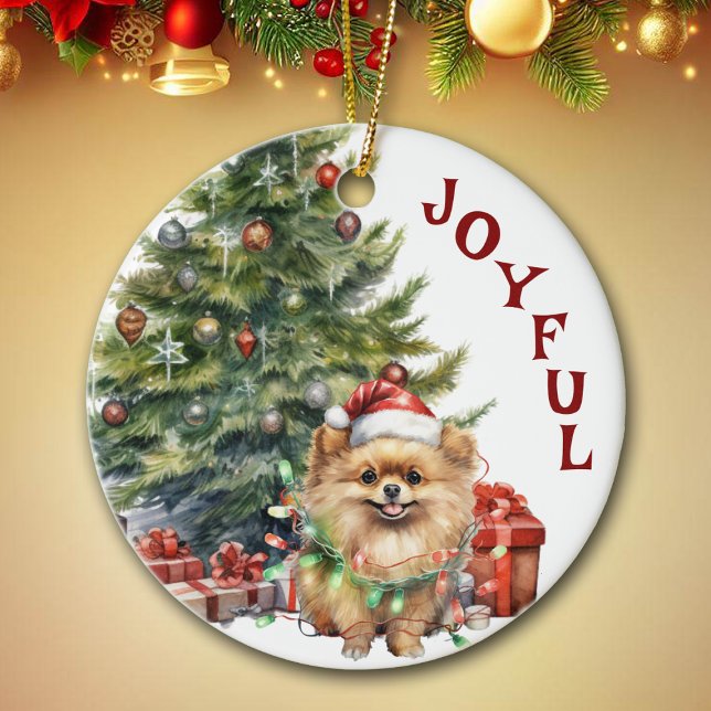 Cute Pomeranian Dog Wrapped in Christmas Lights Ceramic Ornament (Creator Uploaded)