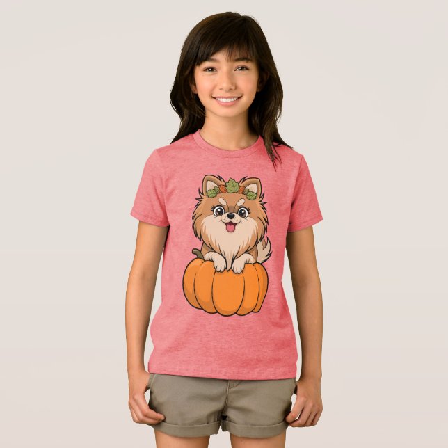 Cute Pomeranian Fall Pumpkin Illustration Tri-Blend Shirt (Front Full)