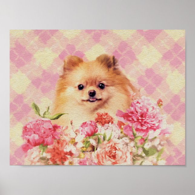 Cute Pomeranian German Spitz with Flowers Poster (Front)