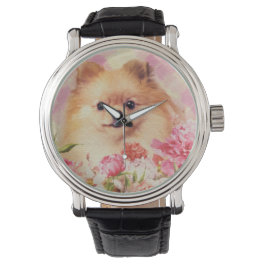 Cute Pomeranian German Spitz with Flowers Watch