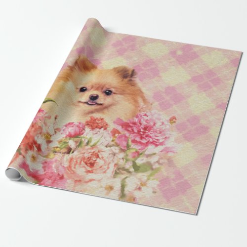Cute Pomeranian German Spitz with Flowers Wrapping Paper