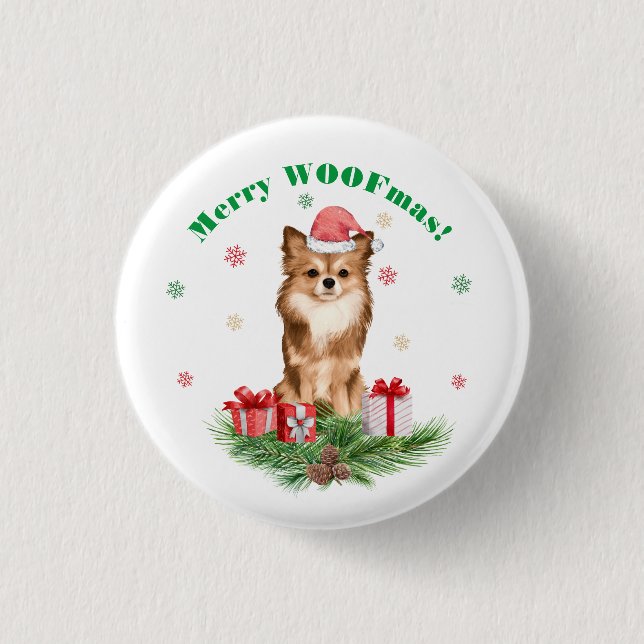 Cute Pomeranian in Santa Hat - Merry WOOFmas!  Button (Front)