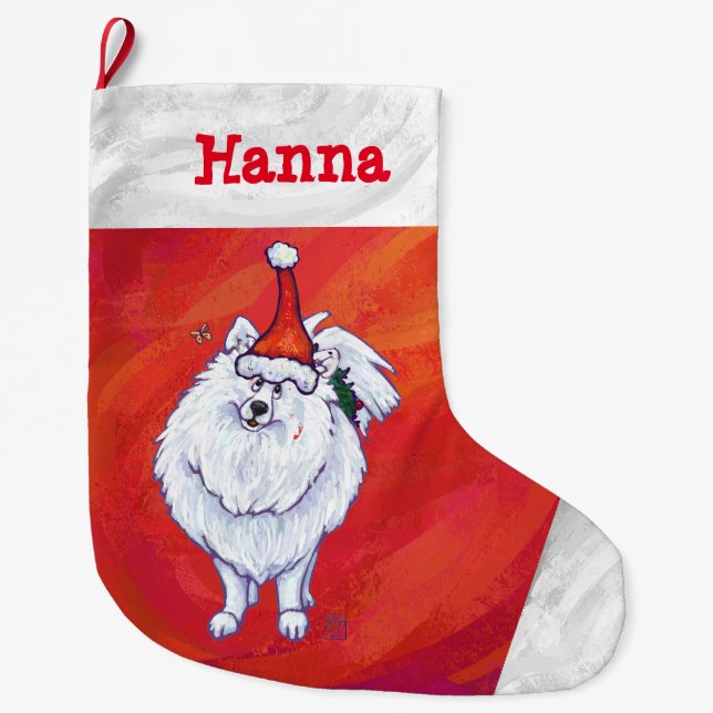 Cute Pomeranian in Santa Hat on Red Large Christmas Stocking (Front)