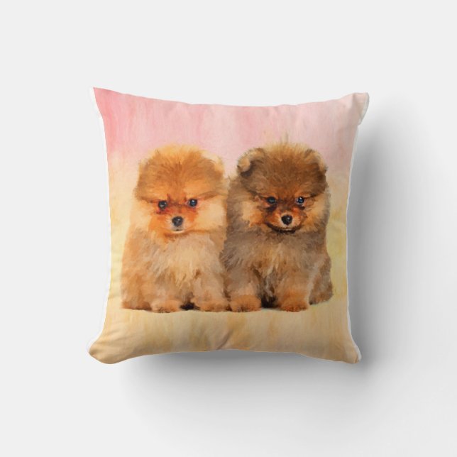 Cute Pomeranian Puppies Art Print Throw Pillow (Front)