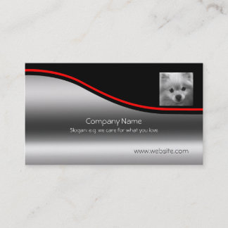 Cute Pomeranian Puppy, red swoosh, metallic-effect Business Card