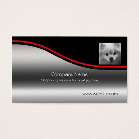 Cute Pomeranian Puppy, red swoosh, metallic-effect Business Card