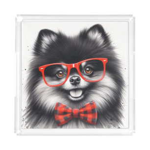 Cute Pomeranian Red Nerd Glasses Acrylic Tray