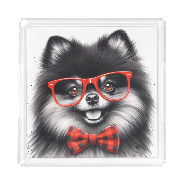 Cute Pomeranian Red Nerd Glasses Acrylic Tray (Front)