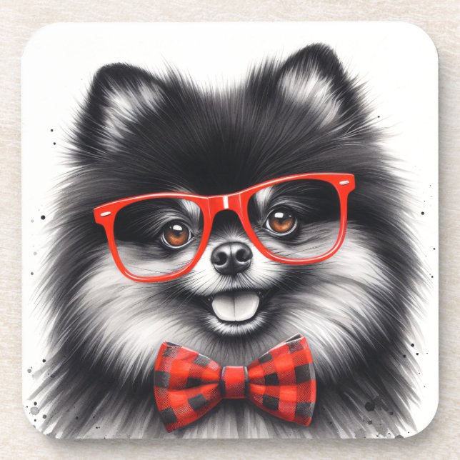 Cute Pomeranian Red Nerd Glasses Beverage Coaster (Front)