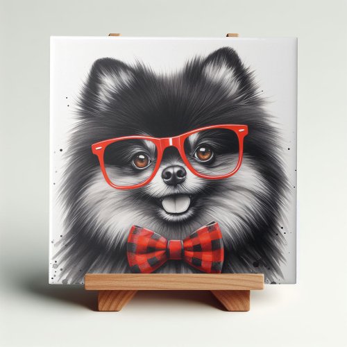 Cute Pomeranian Red Nerd Glasses Ceramic Tile