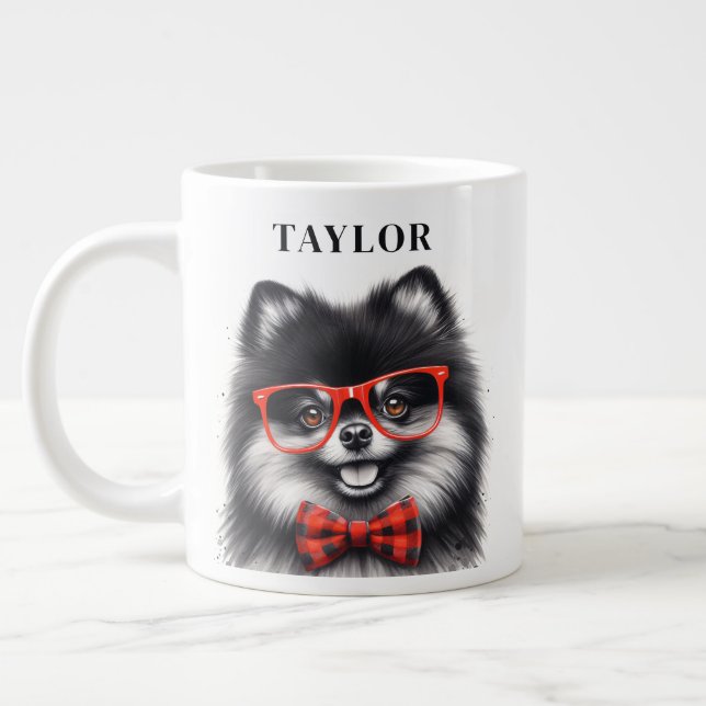 Cute Pomeranian Red Nerd Glasses Custom Name Giant Coffee Mug (Left)