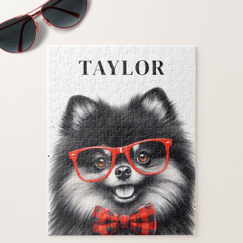 Cute Pomeranian Red Nerd Glasses Custom Name Jigsaw Puzzle