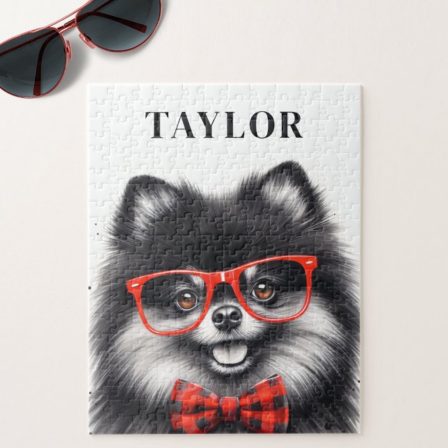 Cute Pomeranian Red Nerd Glasses Custom Name Jigsaw Puzzle (Creator Uploaded)