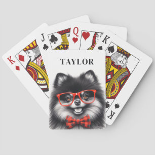 Cute Pomeranian Red Nerd Glasses Custom Name Poker Cards
