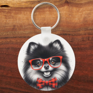 Cute Pomeranian Red Nerd Glasses Keychain