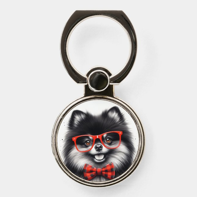 Cute Pomeranian Red Nerd Glasses Phone Ring Stand (Front)