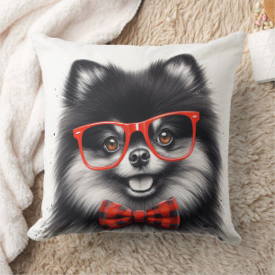 Cute Pomeranian Red Nerd Glasses Throw Pillow
