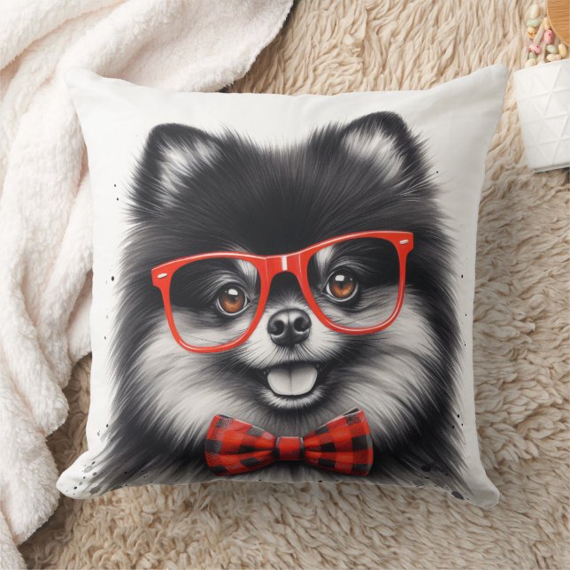 Cute Pomeranian Red Nerd Glasses Throw Pillow (Blanket)