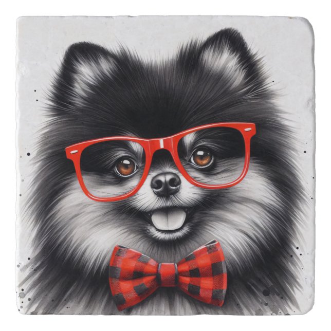Cute Pomeranian Red Nerd Glasses Trivet (Front)