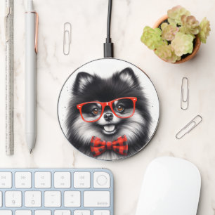 Cute Pomeranian Red Nerd Glasses Wireless Charger