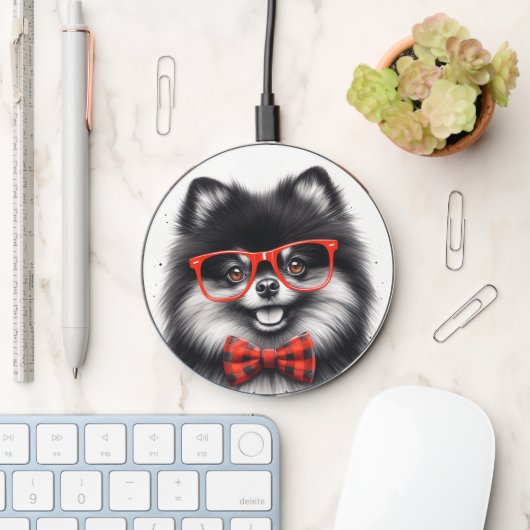 Cute Pomeranian Red Nerd Glasses Wireless Charger (Desk)