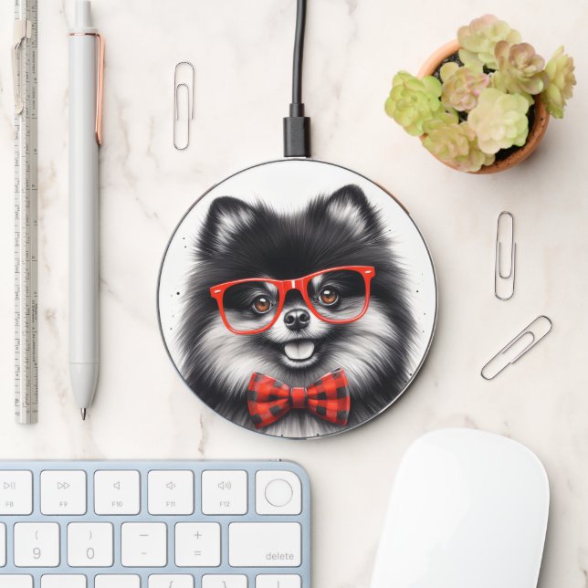 Cute Pomeranian Red Nerd Glasses Wireless Charger (Desk)