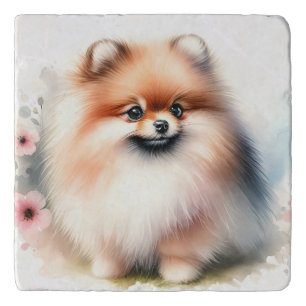 Cute Pomeranian Soft Watercolor Floral Dog Art Trivet