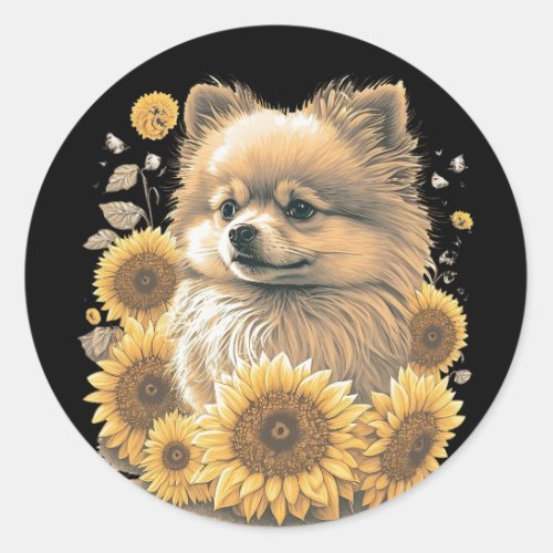 Cute Pomeranian Sunflower Lover Drawing Art  Classic Round Sticker