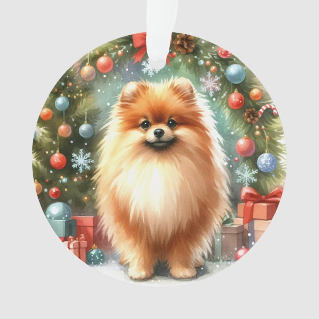Cute Pomeranian Watercolor Festive Christmas Ornament (Front)