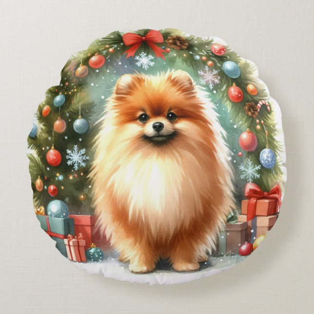 Cute Pomeranian Watercolor Festive Christmas Round Pillow (Front)