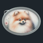 Cute Pomeranian watercolor illustration Belt Buckle<br><div class="desc">A fluffy Pomeranian dog with a vibrant orange and white coat,  featuring large,  expressive eyes and a cheerful expression. It stands amidst soft,  pastel-colored flowers and gentle watercolor splashes,  creating a warm and inviting atmosphere. The background is light and airy,  enhancing the dog's fluffy fur and playful demeanor.</div>