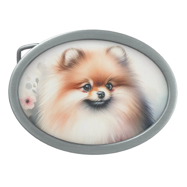 Cute Pomeranian watercolor illustration Belt Buckle (Front)