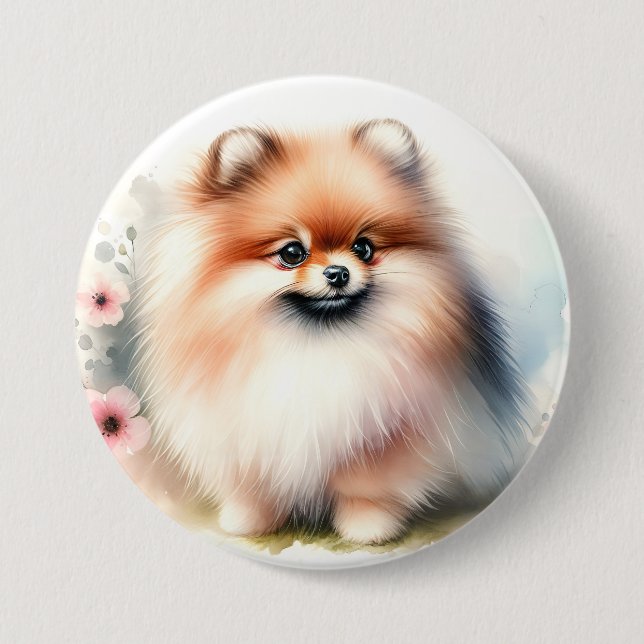 Cute Pomeranian watercolor illustration Button (Front)