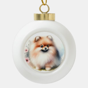 Cute Pomeranian watercolor illustration Ceramic Ball Christmas Ornament