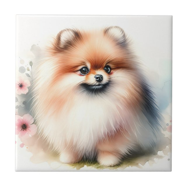 Cute Pomeranian watercolor illustration Ceramic Tile (Front)