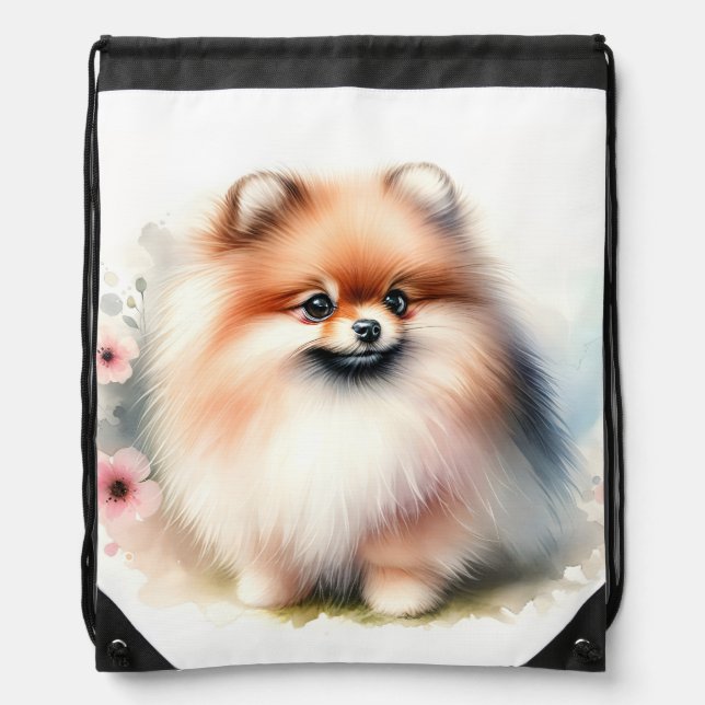 Cute Pomeranian watercolor illustration Drawstring Bag (Front)