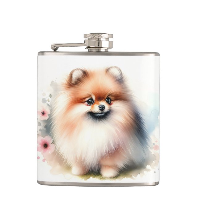 Cute Pomeranian watercolor illustration Flask (Front)